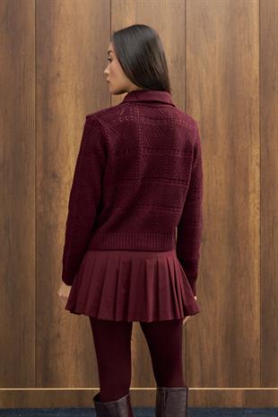 Azur Taşlı Düğmeli Hırka - Bordo 