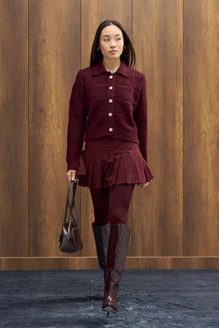 Azur Taşlı Düğmeli Hırka - Bordo 