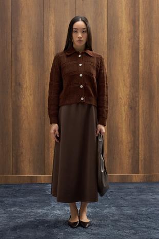 Azur Taşlı Düğmeli Hırka - Kahverengi 