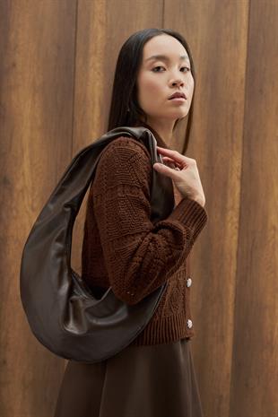 Azur Taşlı Düğmeli Hırka - Kahverengi 