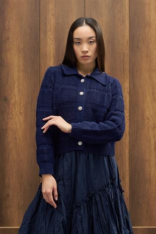 Azur Taşlı Düğmeli Hırka - Lacivert