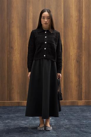 Azur Taşlı Düğmeli Hırka -  Siyah 