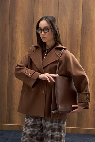 Begonia Kruvaze Kapamalı Kaşe Kaban - Kahverengi 