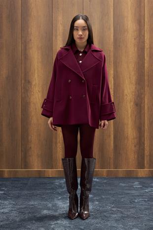 Begonia Kruvaze Kapamalı Kaşe Kaban - Mürdüm 