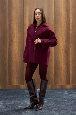 Begonia Kruvaze Kapamalı Kaşe Kaban - Mürdüm 