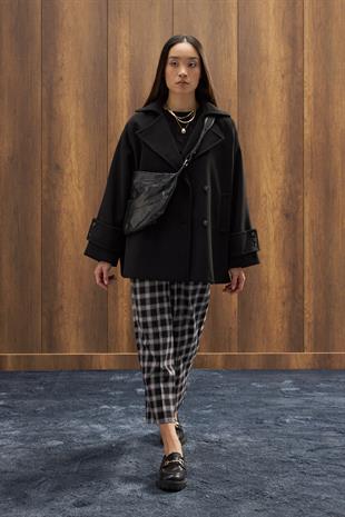 Begonia Kruvaze Kapamalı Kaşe Kaban - Siyah 