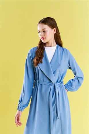 Belden Bağlamalı Trenç - Mavi