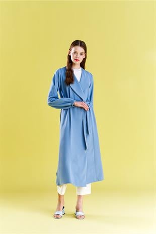 Belden Bağlamalı Trenç - Mavi