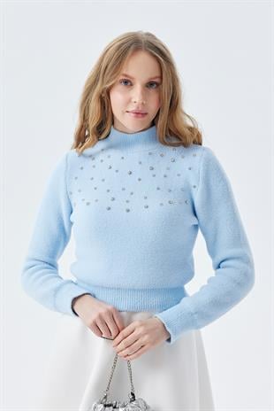 BELİNDA TAŞ İŞLEMELİ YUMOŞ KAZAK - BEBE MAVİ