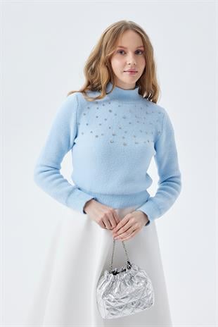 BELİNDA TAŞ İŞLEMELİ YUMOŞ KAZAK - BEBE MAVİ