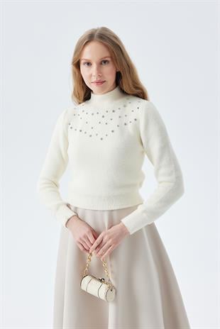 BELİNDA TAŞ İŞLEMELİ YUMOŞ KAZAK - EKRU