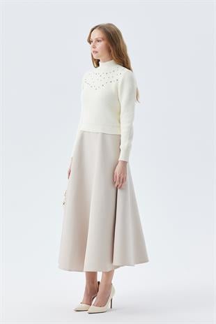 BELİNDA TAŞ İŞLEMELİ YUMOŞ KAZAK - EKRU