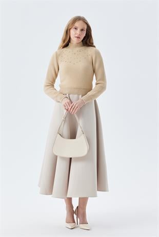 BELİNDA TAŞ İŞLEMELİ YUMOŞ KAZAK - VİZON