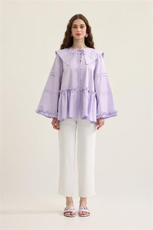 Bella Allerli Büzgülü Geniş Yaka Gömlek - Lila