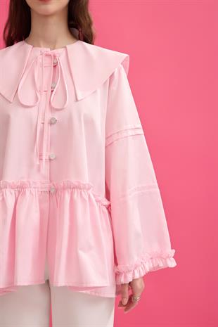 Bella Allerli Büzgülü Geniş Yaka Gömlek - Pembe