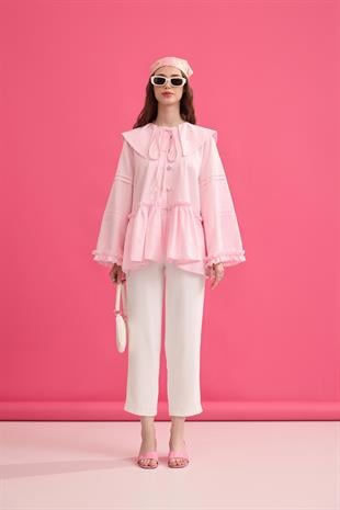 Bella Allerli Büzgülü Geniş Yaka Gömlek - Pembe