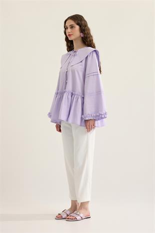 Bella Allerli Büzgülü Geniş Yaka Gömlek - Lila