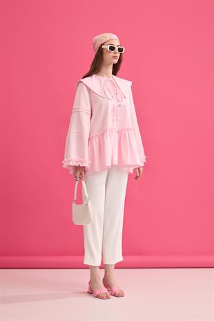 Bella Allerli Büzgülü Geniş Yaka Gömlek - Pembe