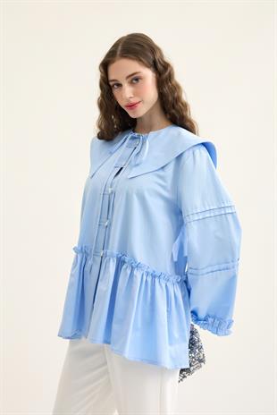 Bella Allerli Büzgülü Geniş Yaka Gömlek - Mavi