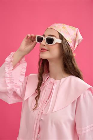 Bella Allerli Büzgülü Geniş Yaka Gömlek - Pembe