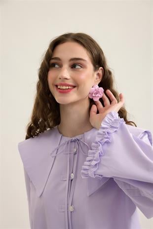 Bella Allerli Büzgülü Geniş Yaka Gömlek - Lila