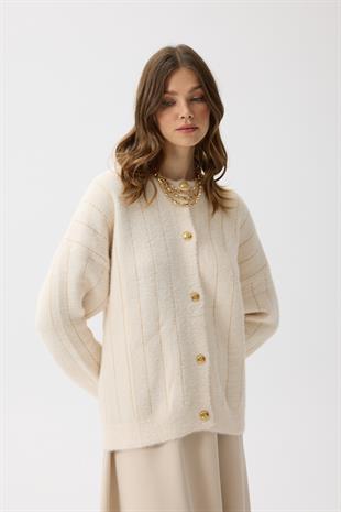 Belle Gold Geçişli Angora Hırka - Krem 