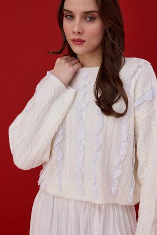 Berry Güpür Detaylı Kazak- Ekru