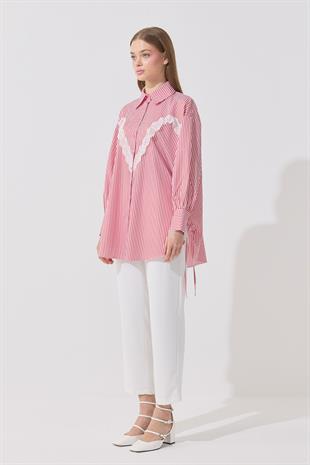 Billie Güpür Detaylı Bağcıklı Gömlek - Kırmızı