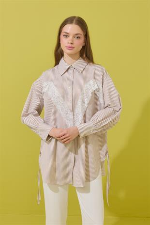 Billie Güpür Detaylı Bağcıklı Gömlek - Vizon 