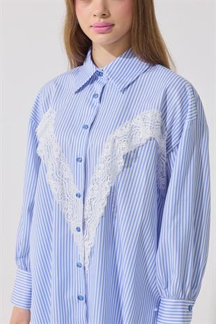 Billie Güpür Detaylı Bağcıklı Gömlek  - Mavi 