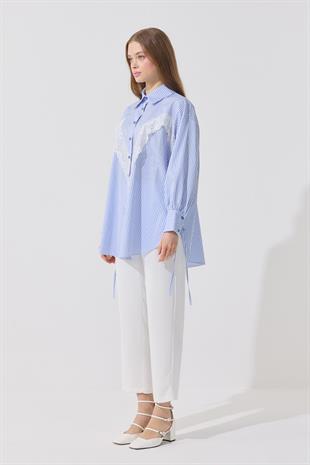 Billie Güpür Detaylı Bağcıklı Gömlek  - Mavi 