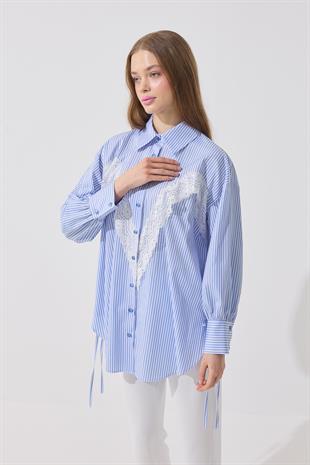Billie Güpür Detaylı Bağcıklı Gömlek  - Mavi 