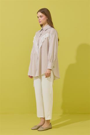 Billie Güpür Detaylı Bağcıklı Gömlek - Vizon 