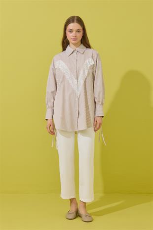 Billie Güpür Detaylı Bağcıklı Gömlek - Vizon 