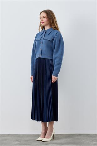 BLAİR OMUZ PİLE DETAYLI ÇITÇITLI TRİKO CEKET- İNDİGO 