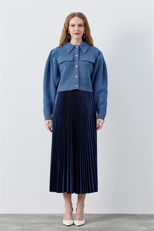 BLAİR OMUZ PİLE DETAYLI ÇITÇITLI TRİKO CEKET- İNDİGO 