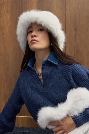 Boho Peluş Çanta - Beyaz