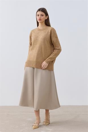 Branda Taş İşlemeli Kazak- Camel