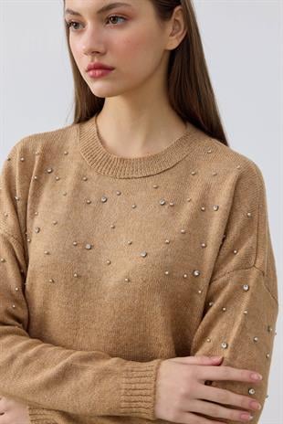 Branda Taş İşlemeli Kazak- Camel