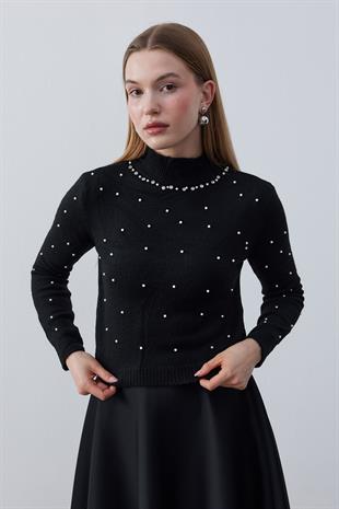 Brianna İnci İşlemeli Yaka Taşlı Kazak - Siyah