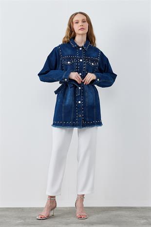 CAMELİA ZIMBALI DERİ CEKET- KOYU MAVİ 