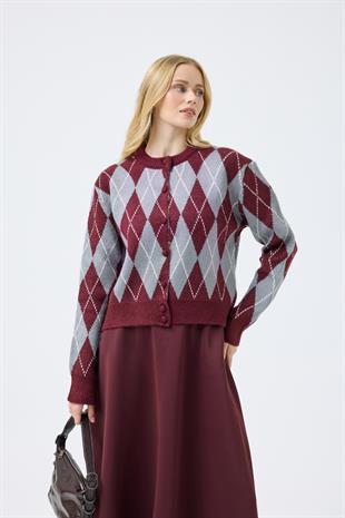 Camila Baklava Desenli Hırka -Bordo 