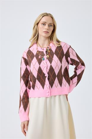 Camila Baklava Desenli Hırka - Pembe 