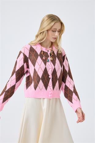 Camila Baklava Desenli Hırka - Pembe 