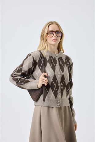 Camila Baklava Desenli Hırka - Vizon 