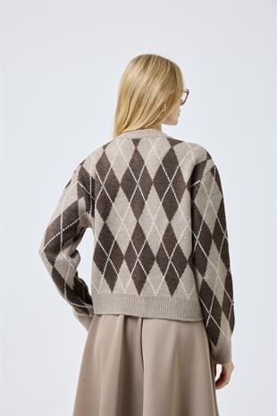 Camila Baklava Desenli Hırka - Vizon 