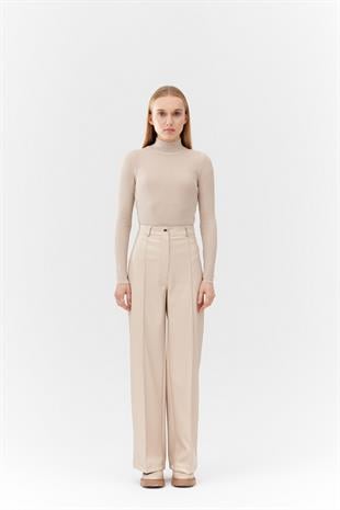 CARLA PALAZZO ÖNDEN DİKİŞLİ DERİ PANTOLON - BEJ
