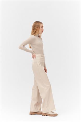 CARLA PALAZZO ÖNDEN DİKİŞLİ DERİ PANTOLON - BEJ