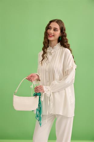 Carol Nervürlü Fırfırlı Gömlek - Beyaz