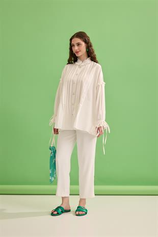 Carol Nervürlü Fırfırlı Gömlek - Beyaz